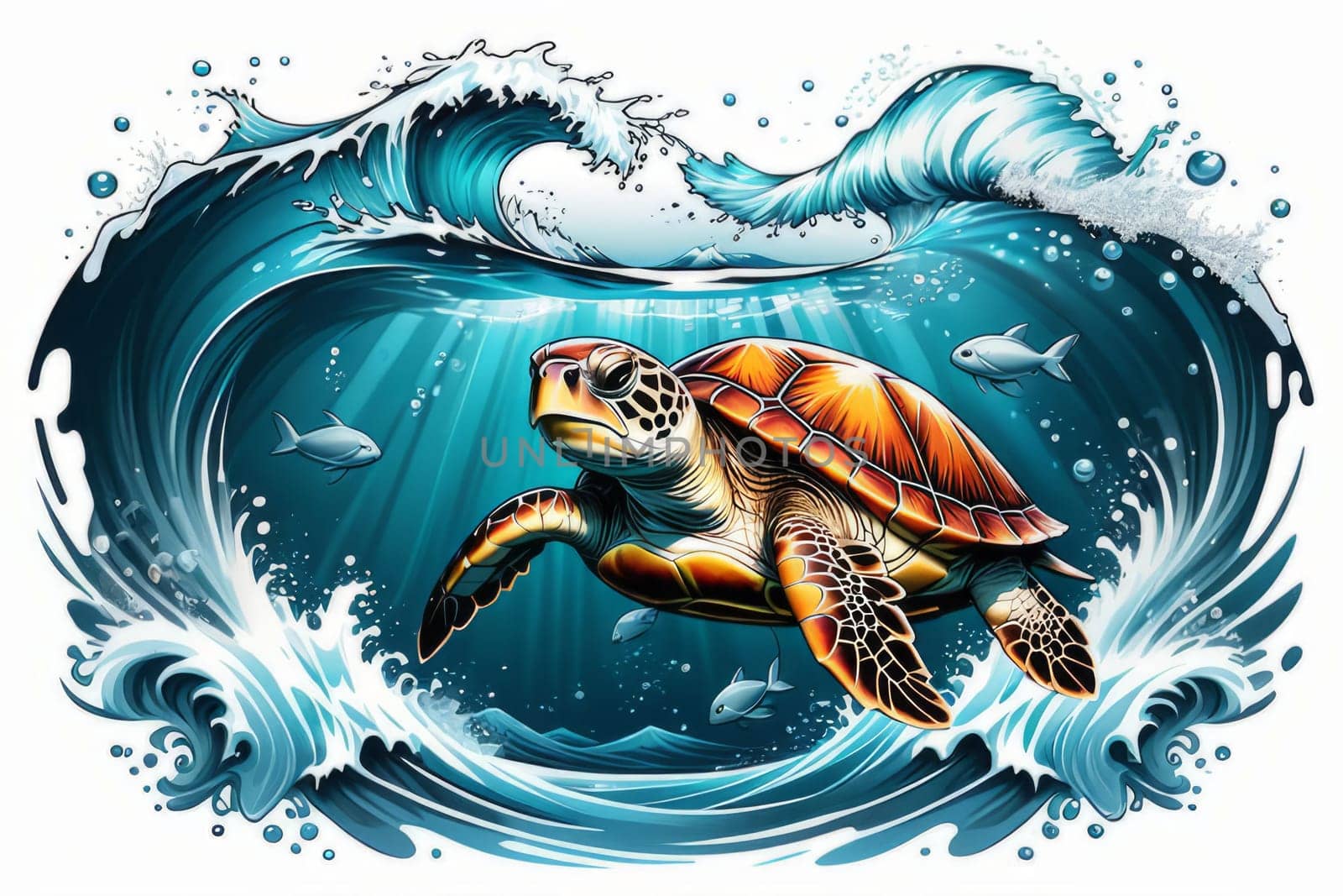 Turtle moves gracefully through water, its movements fluid, effortless. For fashion, clothing design, animal themed clothing advertising, as illustration for interesting clothing style, Tshirt design. by Angelsmoon