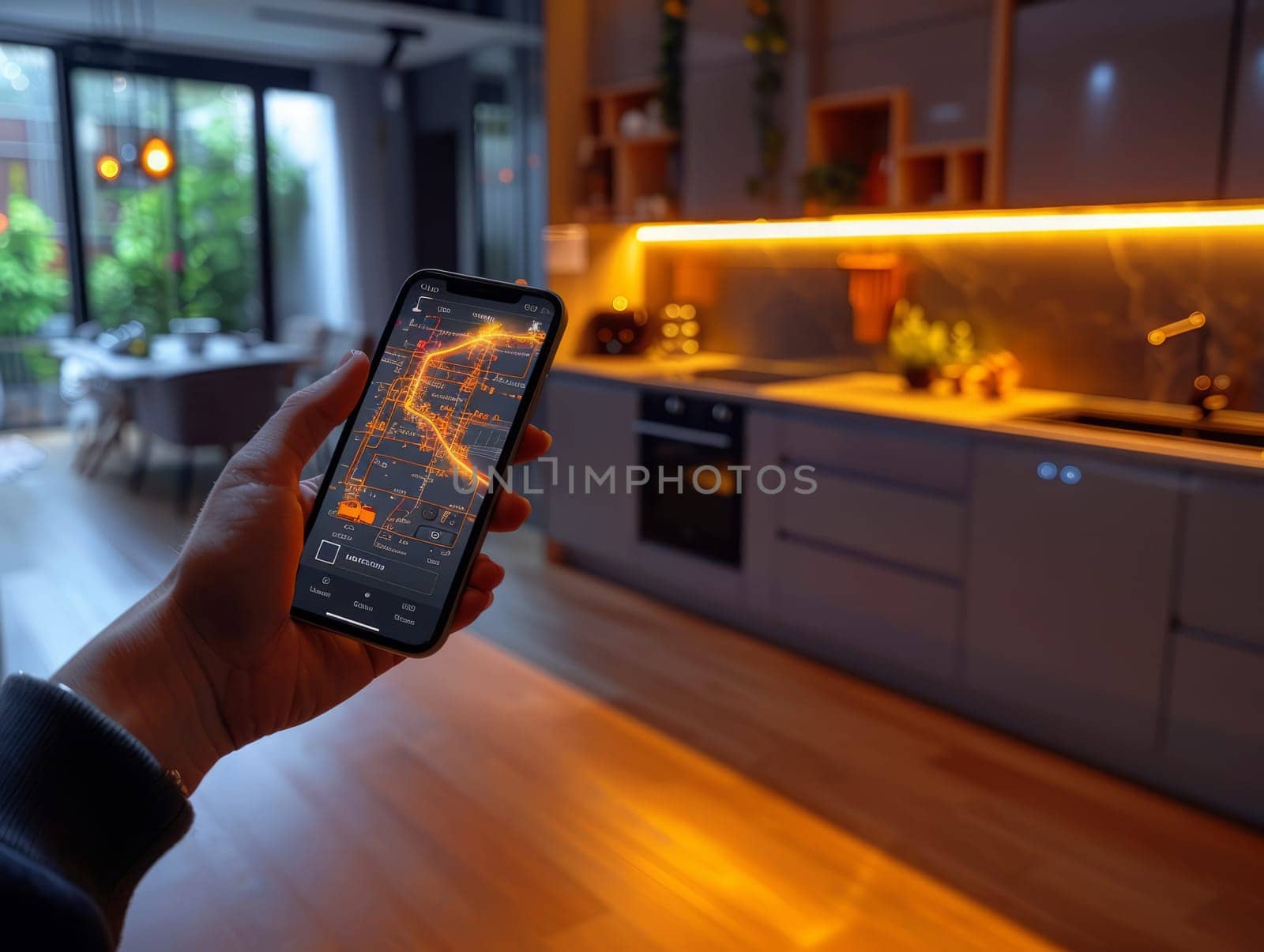 Smart Home Technology. Human hand is holding smart phone with launched Smart home application. AI generated