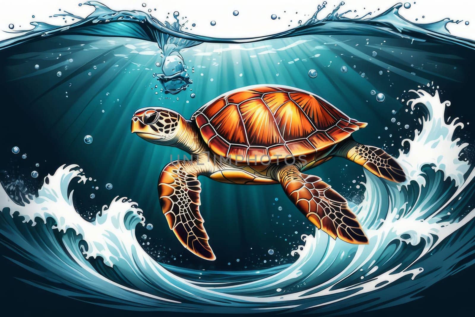 Turtle glides through its aquatic environment, showcasing beauty, tranquility of underwater world. For Tshirt design, posters, postcards, other merchandise with marine theme, childrens books, tourism. by Angelsmoon