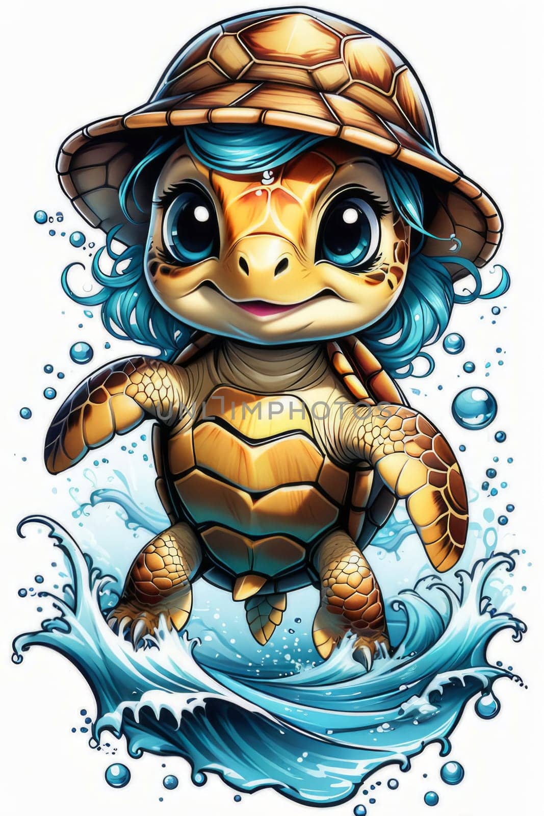 Vibrant sea turtle elegantly maneuvering its way through shimmering azure ocean depths, showcasing beauty, tranquility of marine life in its natural habitat. For fashion,clothing design, Tshirt design by Angelsmoon