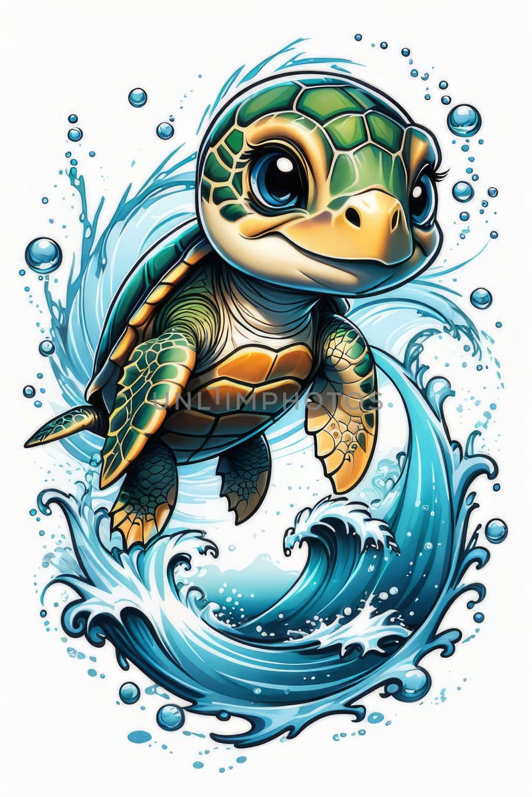 Majestic turtle is seen gliding effortlessly through water, its movements slow, graceful. For Tshirt design, posters, postcards, other merchandise with marine theme, childrens books. by Angelsmoon