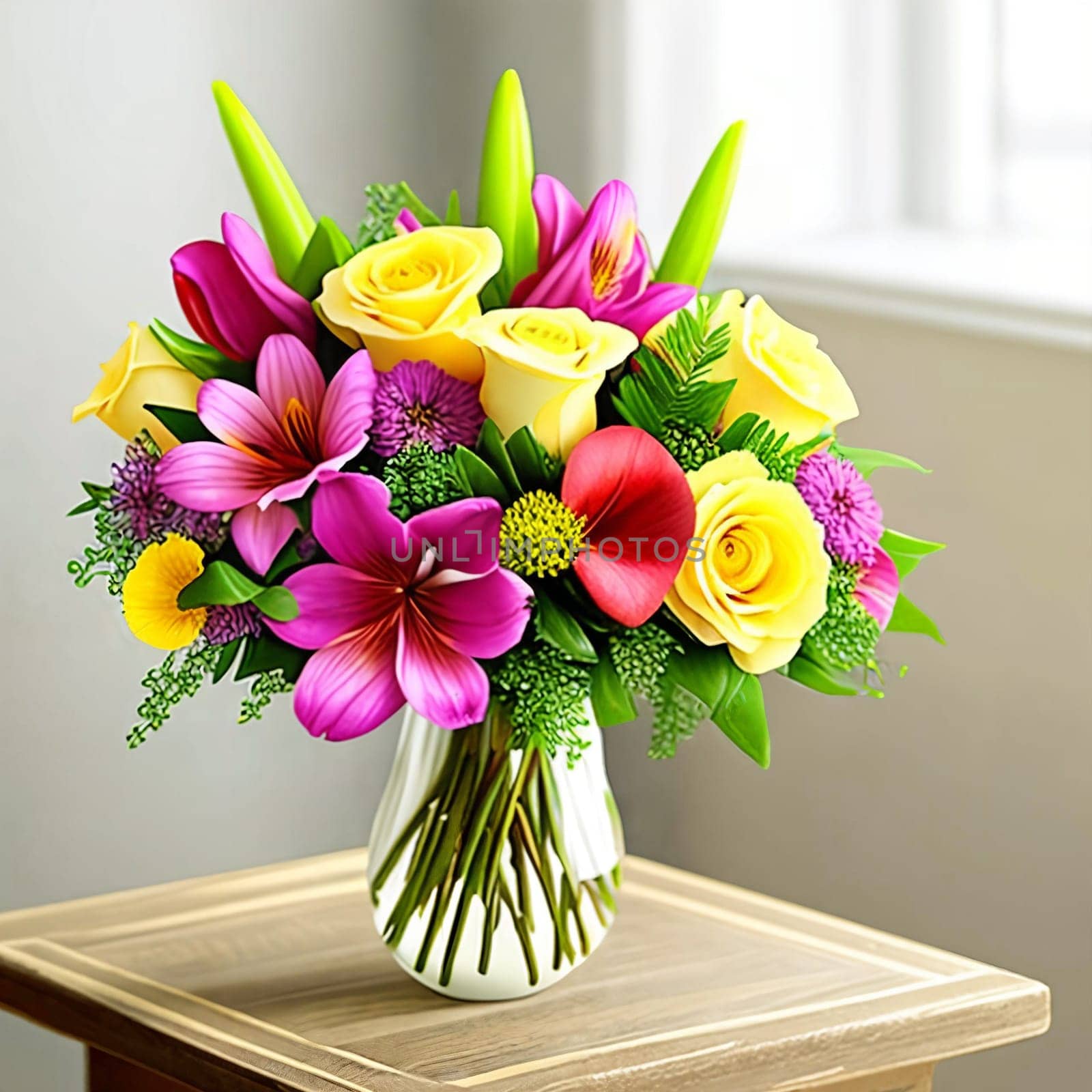 Floral Elegance. A vibrant bouquet of spring flowers arranged in a stylish vase with soft natural lighting to symbolize elegance and femininity