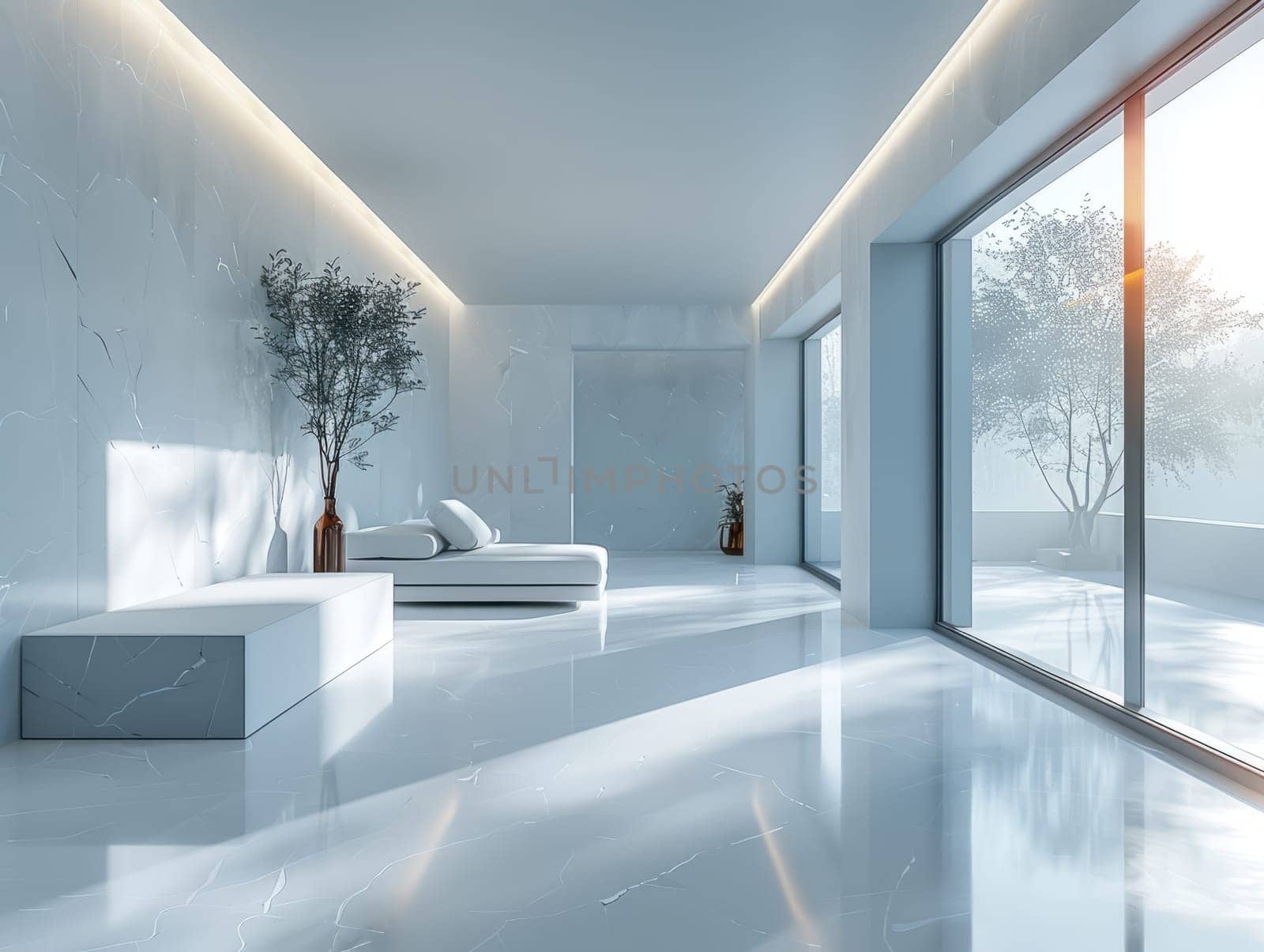 Futuristic Minimalist Interior Design of Living Room. Light interior with copyspace. Ai generated