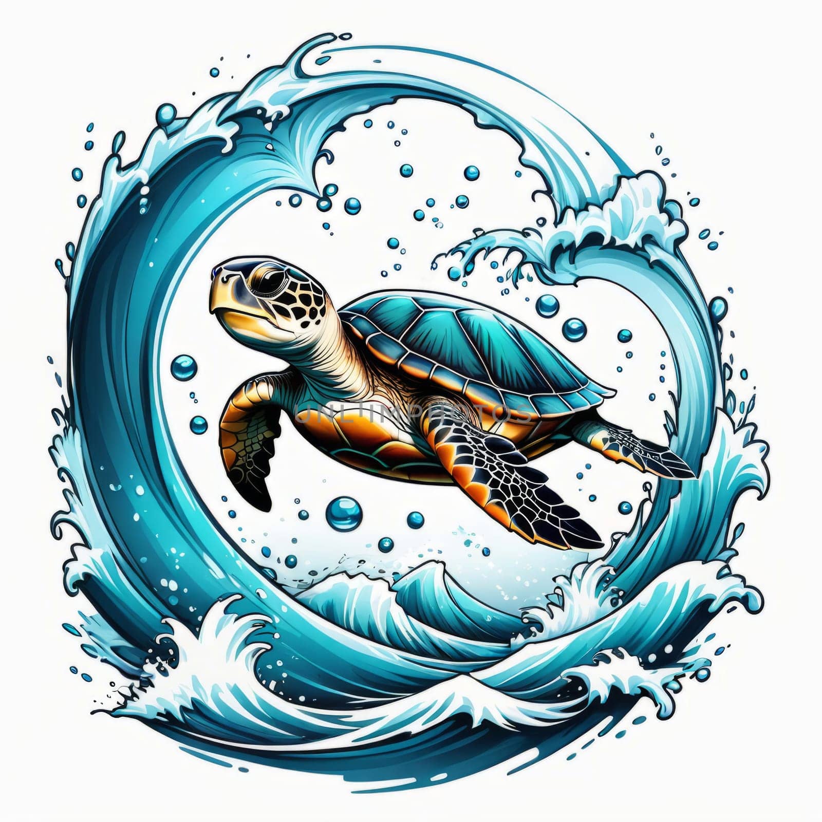 Turtle gracefully swimming in water. For educational materials for kids, game design, animated movies, tourism, stationery, Tshirt design, posters, postcards, childrens books