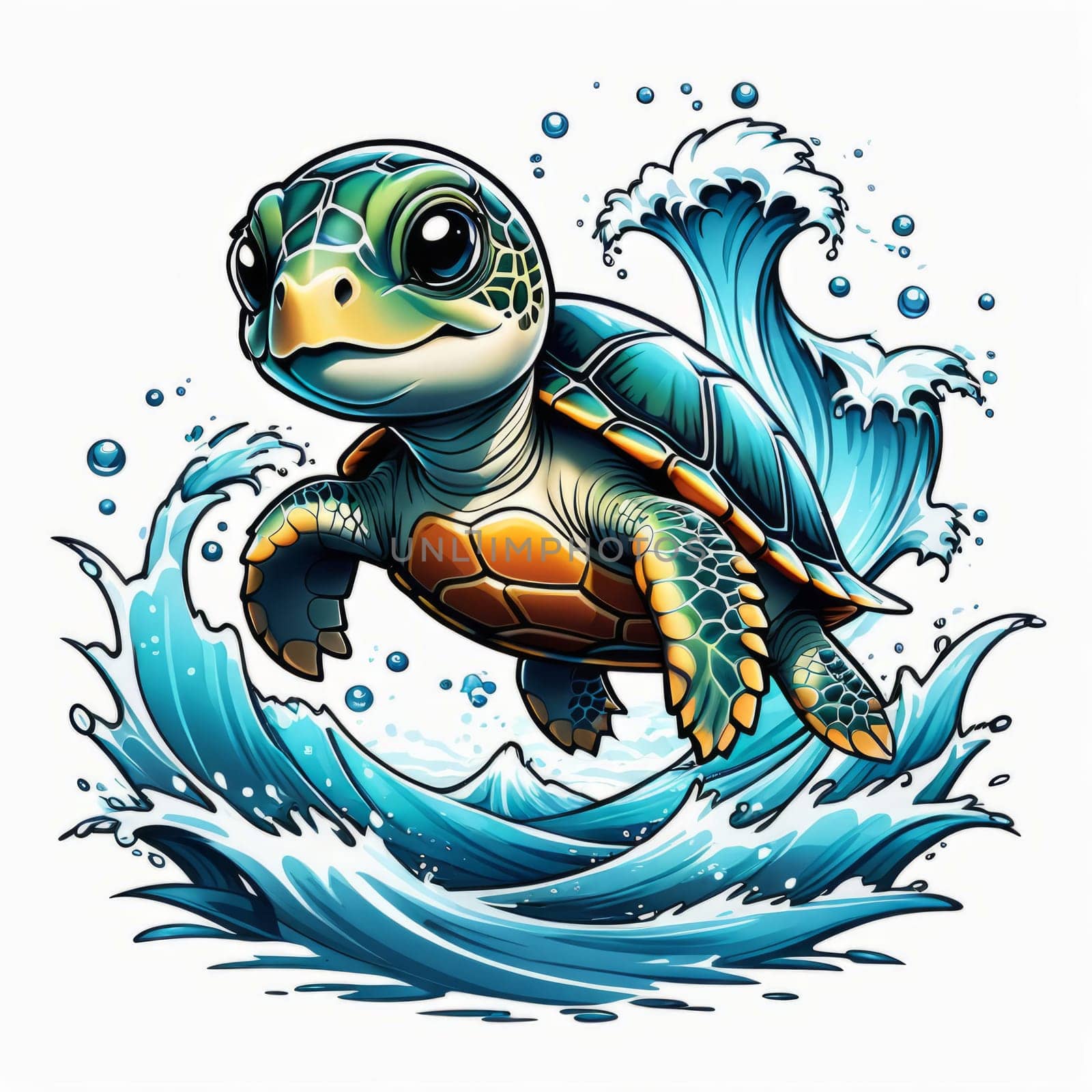 Turtle glides through its aquatic environment, showcasing beauty, tranquility of underwater world. For Tshirt design, posters, postcards, other merchandise with marine theme, childrens books, tourism