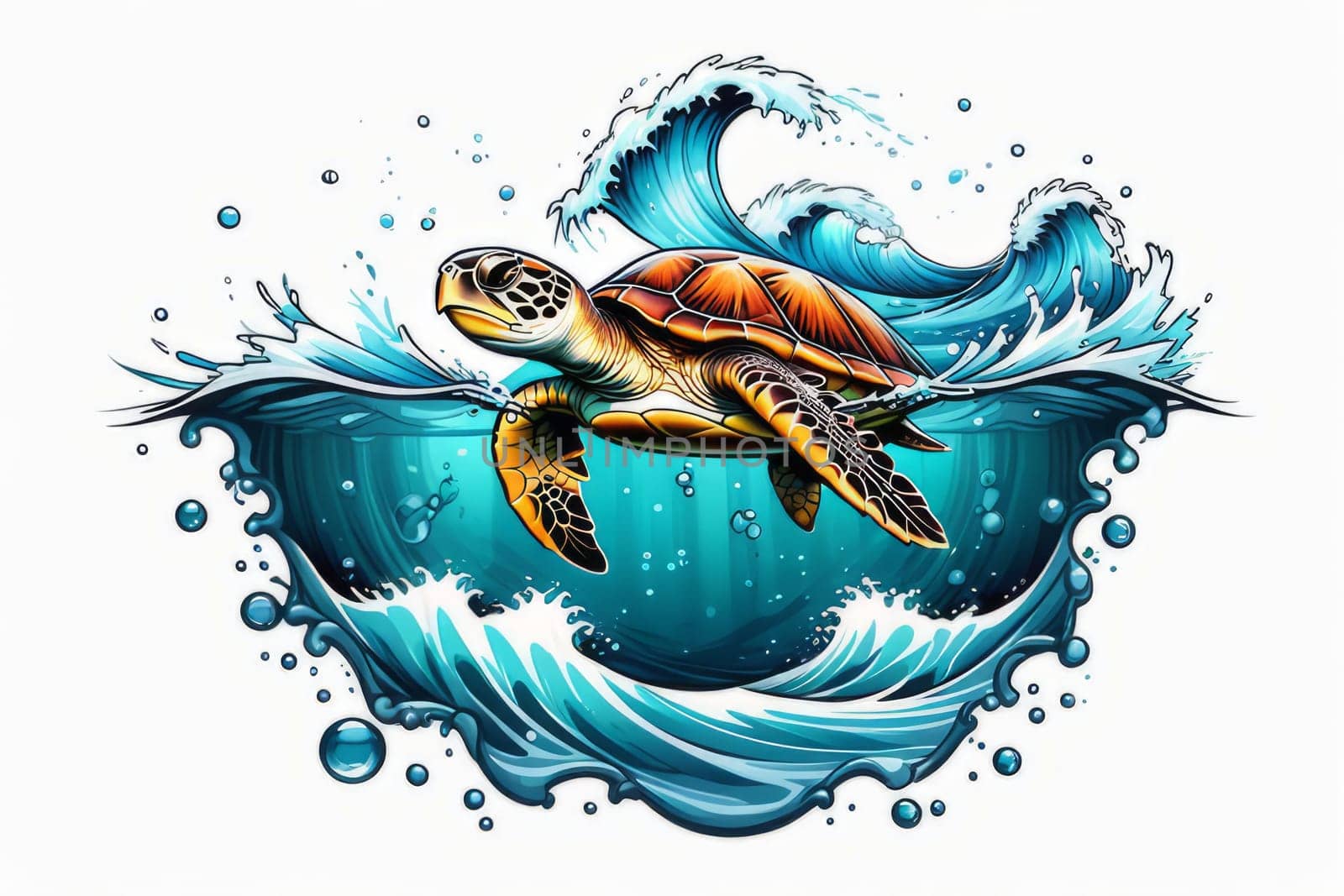 Vibrant sea turtle elegantly maneuvering its way through shimmering azure ocean depths, showcasing beauty, tranquility of marine life in its natural habitat.For fashion, clothing design, Tshirt design