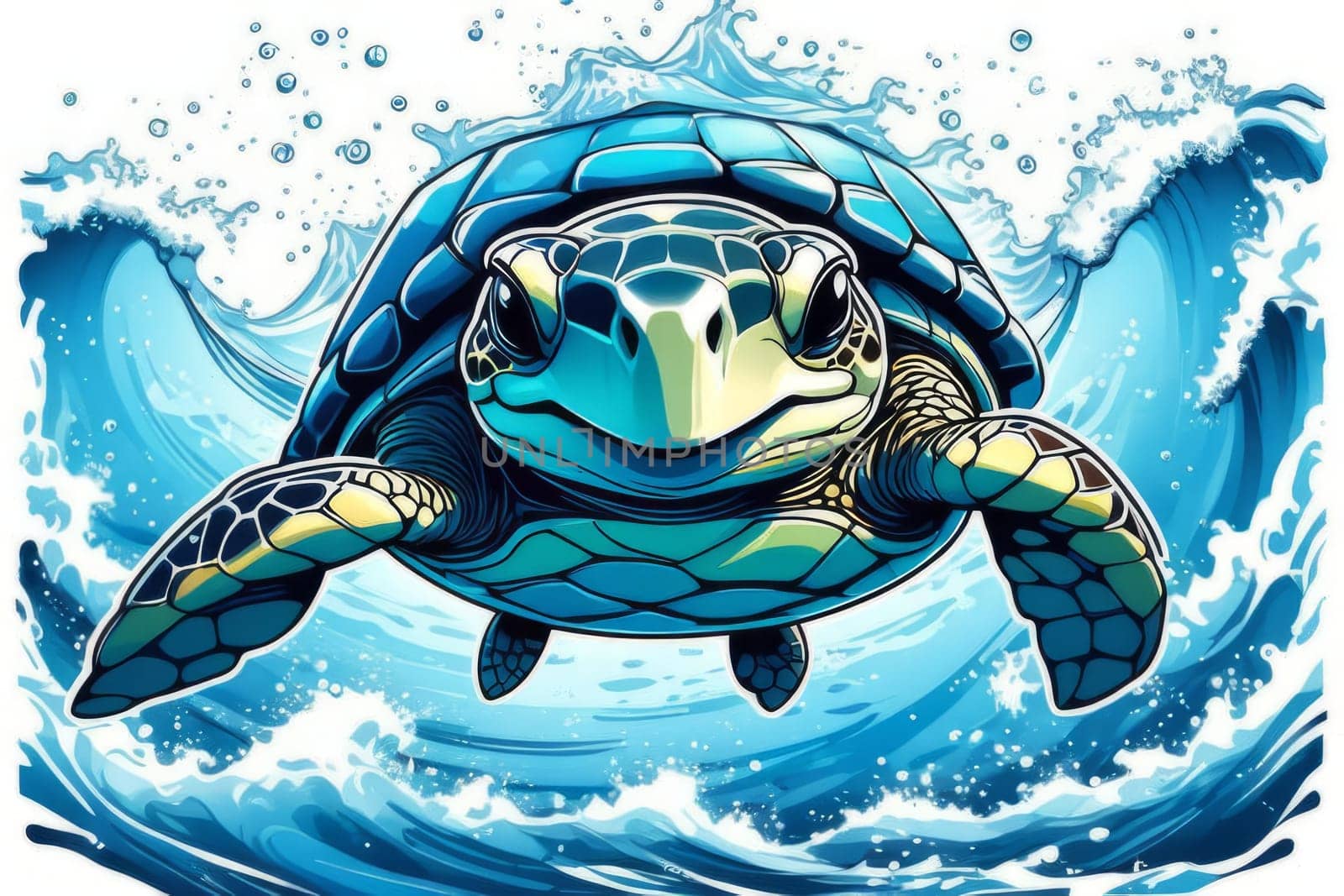 Exquisite image showcasing serene turtle gliding through crystal-clear blue waters of ocean. For fashion, clothing design, animal themed clothing advertising, Tshirt design