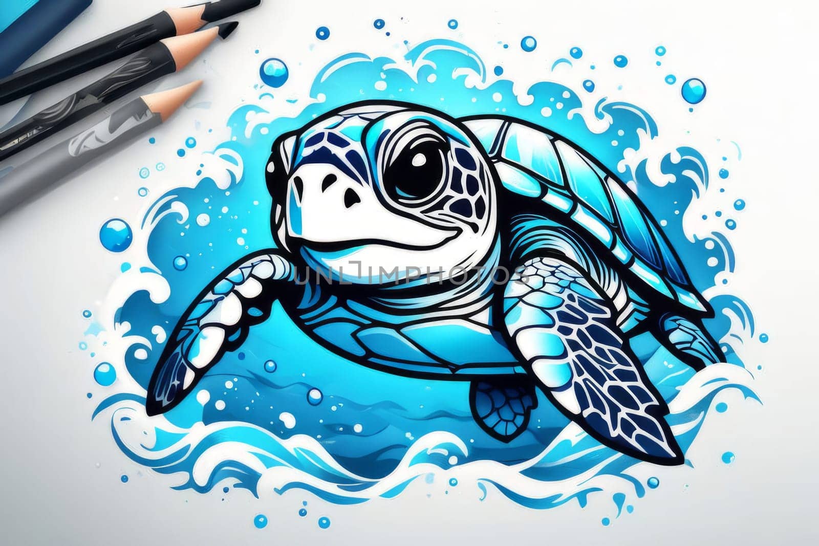Turtle gracefully swimming in water. For educational materials for kids, game design, animated movies, tourism, stationery, Tshirt design, posters, postcards, childrens books
