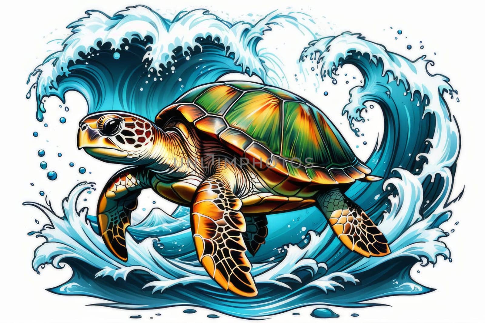 Turtle glides through its aquatic environment, showcasing beauty, tranquility of underwater world. For Tshirt design, posters, postcards, other merchandise with marine theme, childrens books, tourism