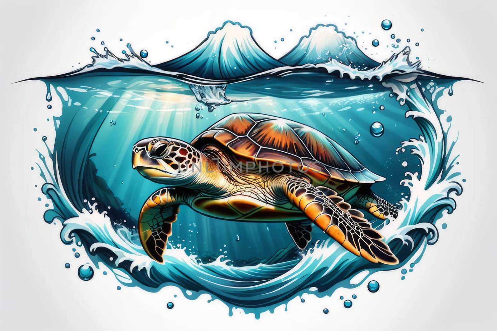 Vibrant sea turtle elegantly maneuvering its way through shimmering azure ocean depths, showcasing beauty, tranquility of marine life in its natural habitat.For fashion, clothing design, Tshirt design