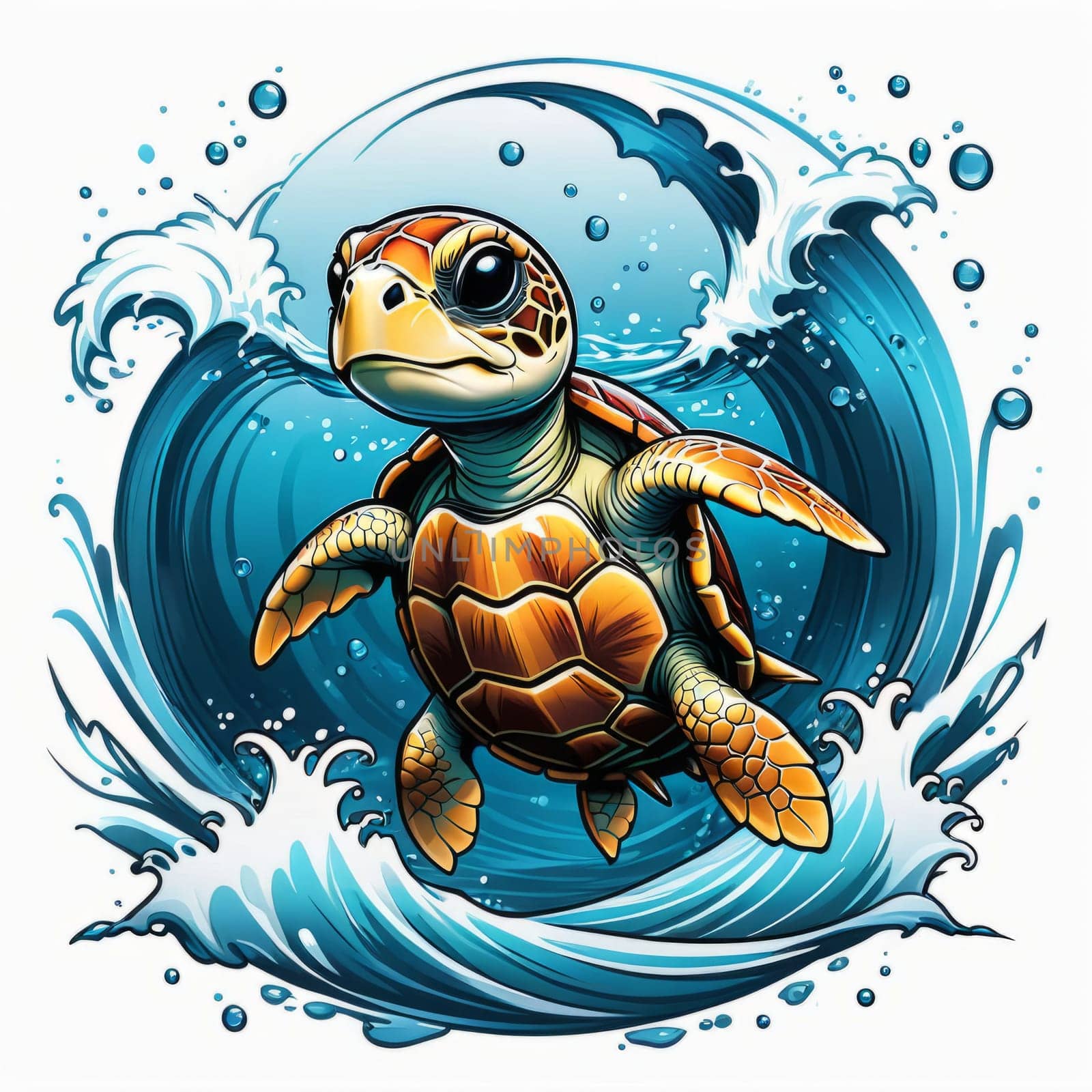 Turtle gracefully swimming in water surrounded by bubbles, showcasing its serene underwater world. For Tshirt design, posters, postcards, other merchandise with marine theme, childrens books