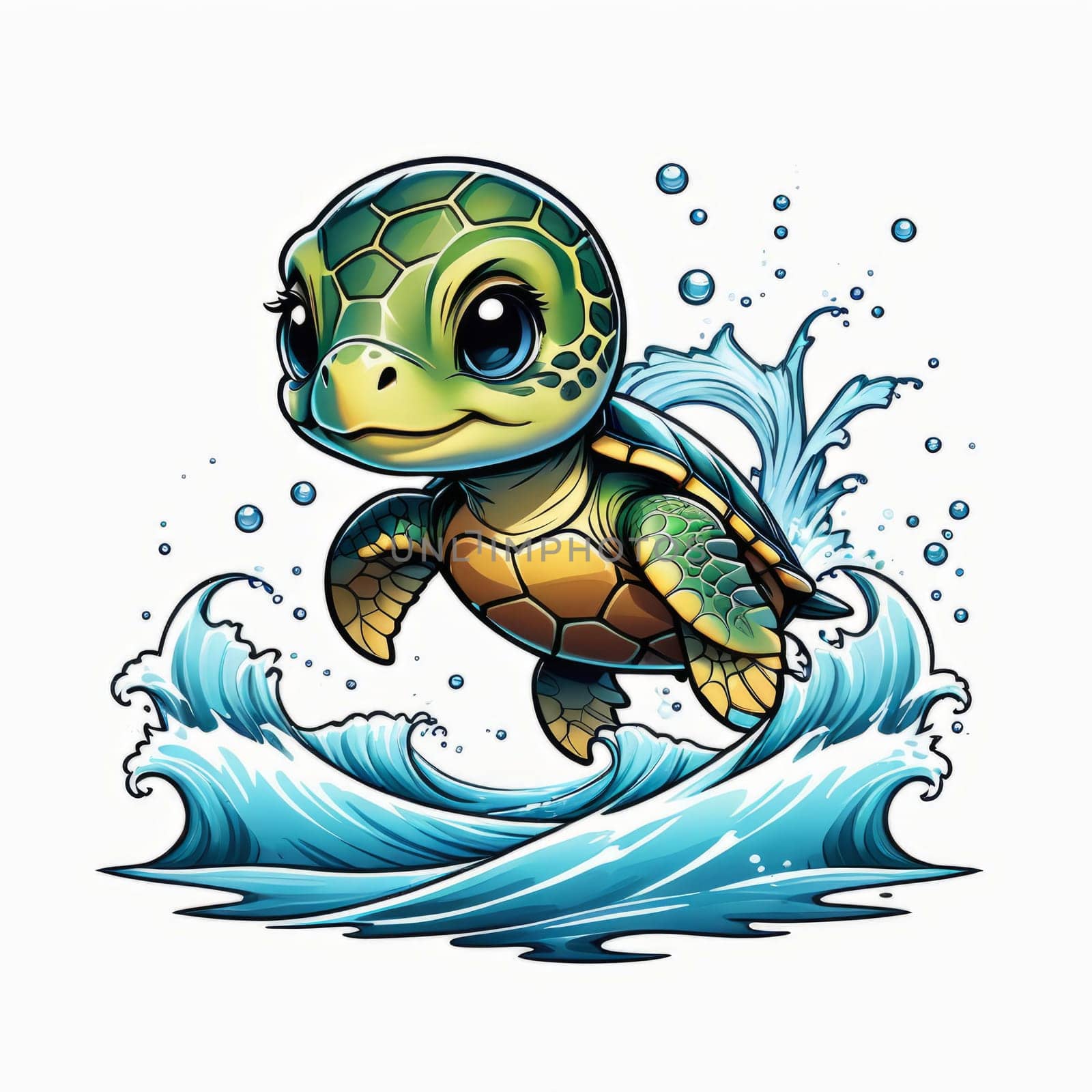 Majestic turtle glides effortlessly through clear blue waters, its shell glistening in sunlight. For educational materials for kids, game design, animated movies, tourism, stationery, Tshirt design