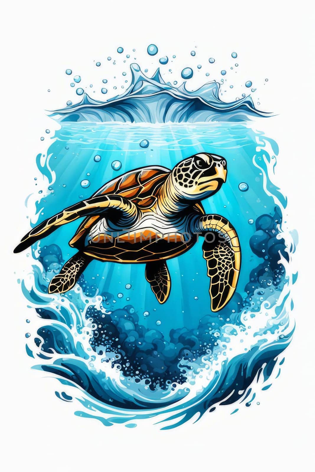Majestic turtle is seen gliding effortlessly through water, its movements slow, graceful. For Tshirt design, posters, postcards, other merchandise with marine theme, childrens books