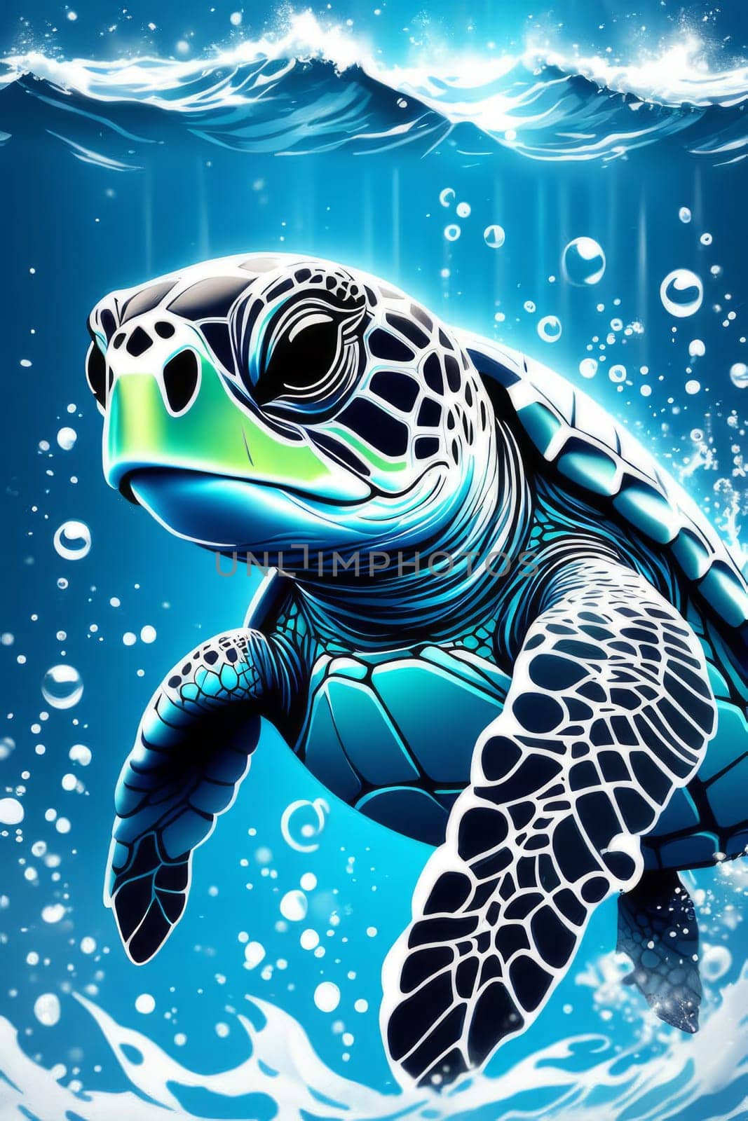 Exquisite image showcasing serene turtle gliding through crystal-clear blue waters of ocean. For fashion, clothing design, animal themed clothing advertising, Tshirt design