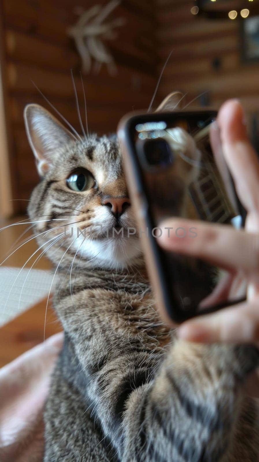 A cat holding a cell phone in its paws while being held by someone
