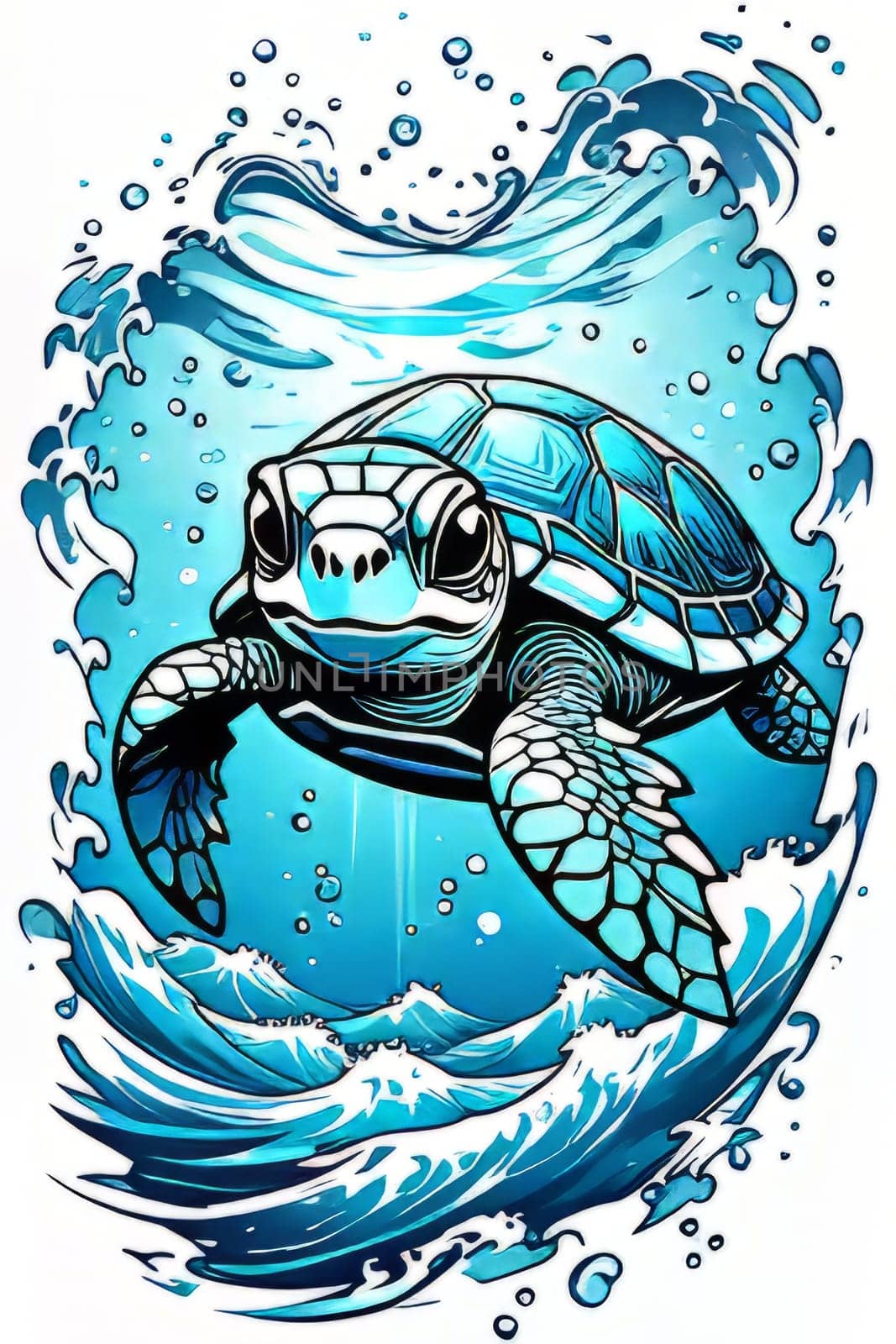 Turtle moves gracefully through water, its movements fluid, effortless. For fashion, clothing design, animal themed clothing advertising, as illustration for interesting clothing style, Tshirt design