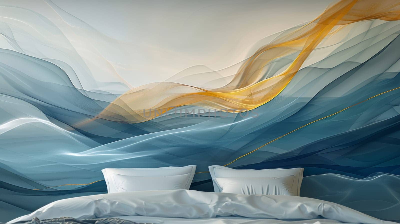 A bed with a large painting of waves on the wall