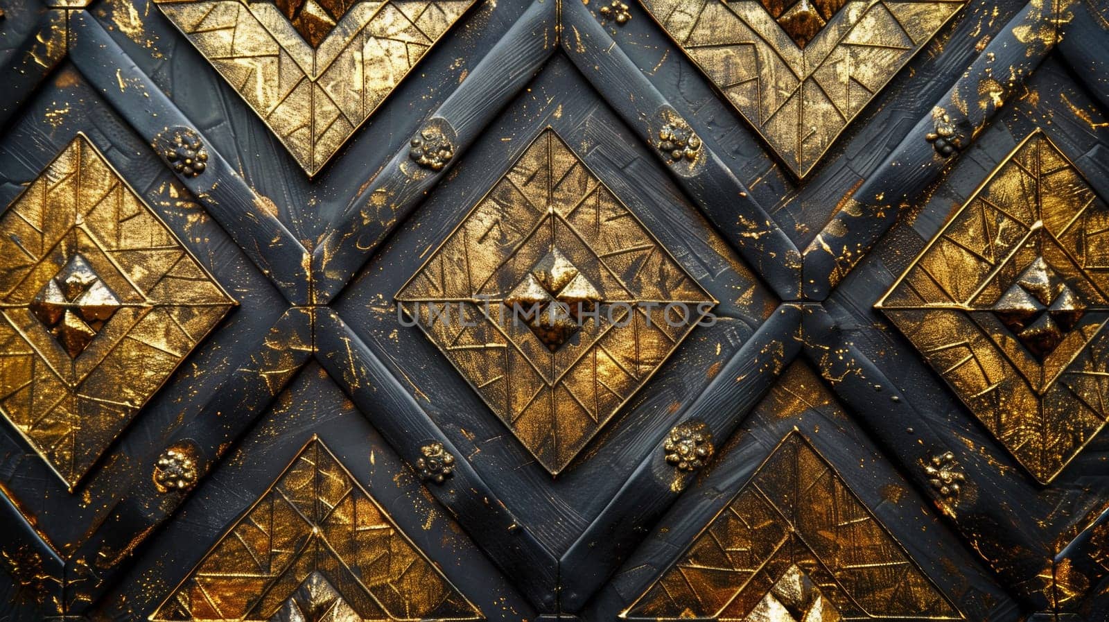 A close up of a decorative pattern on the wall with gold and black