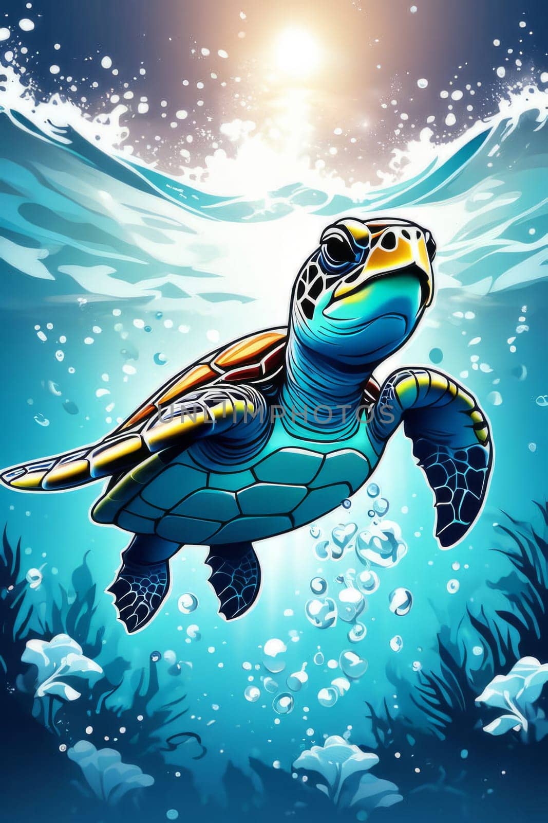 Turtle glides through its aquatic environment, showcasing beauty, tranquility of underwater world. For Tshirt design, posters, postcards, other merchandise with marine theme, childrens books, tourism
