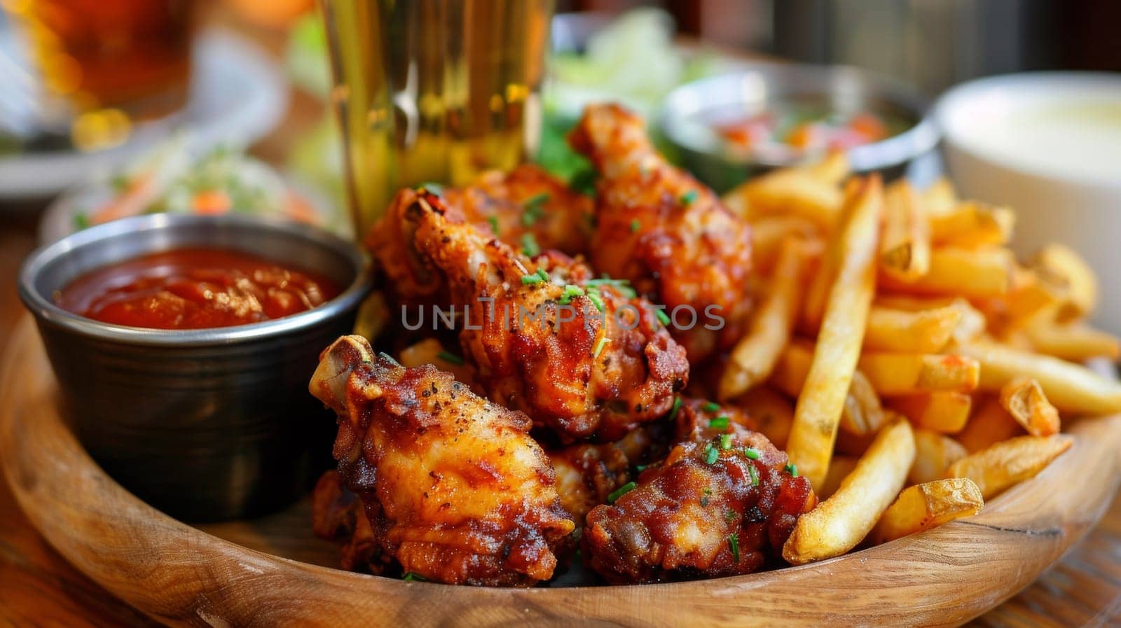 A plate of a wooden bowl filled with chicken wings and fries