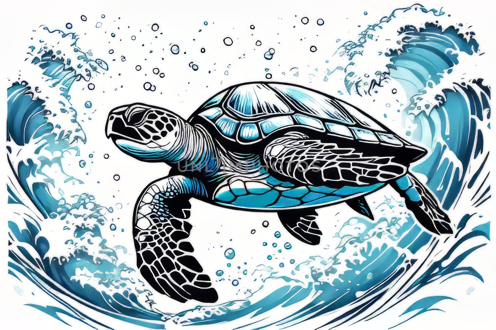 Turtle gracefully swimming in water surrounded by bubbles, showcasing its serene underwater world. For Tshirt design, posters, postcards, other merchandise with marine theme, childrens books