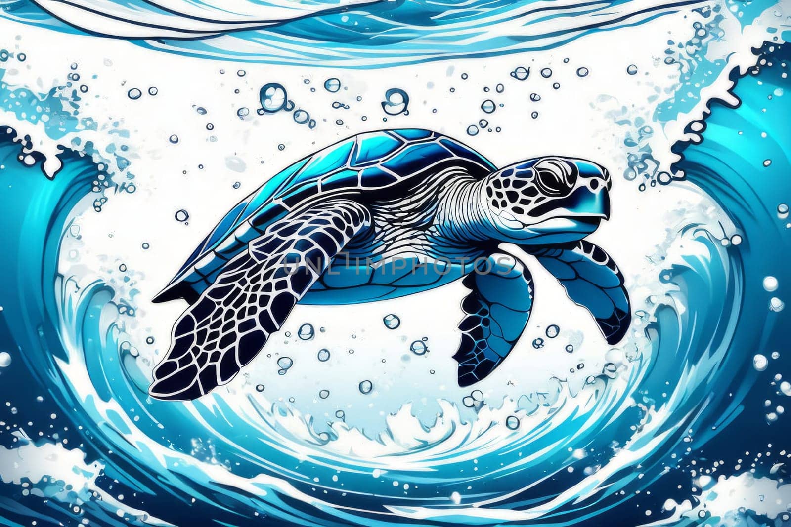 Majestic turtle glides effortlessly through clear blue waters, its shell glistening in sunlight. For educational materials for kids, game design, animated movies, tourism, stationery, Tshirt design