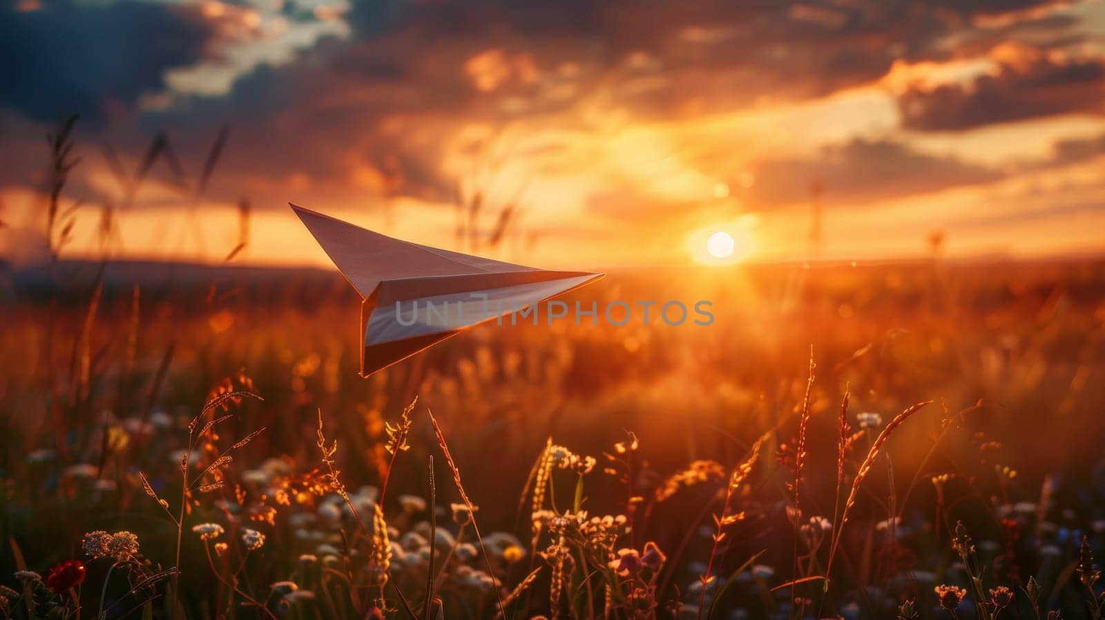 A paper airplane flying through a field of flowers at sunset