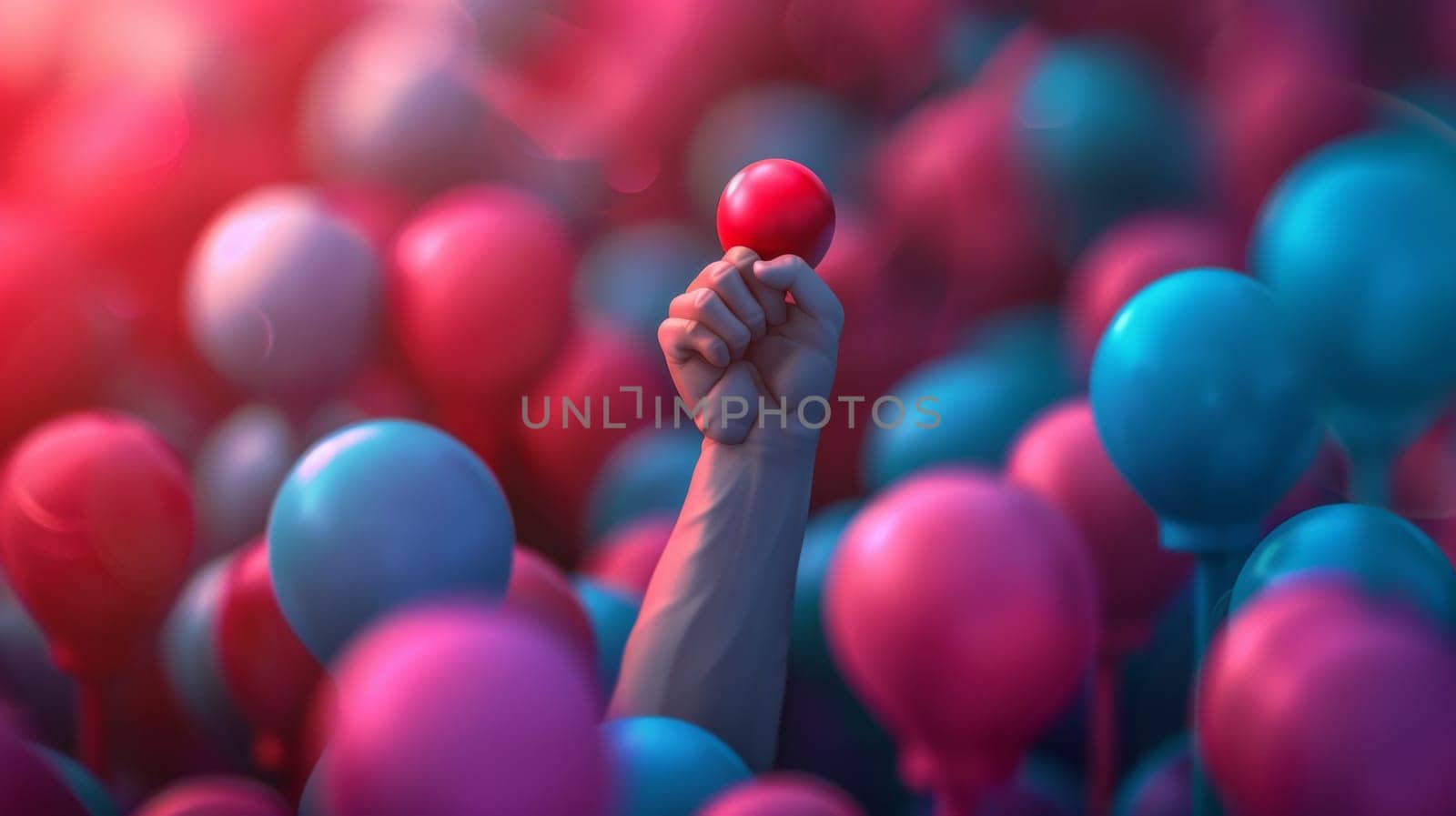 A hand holding a red balloon in the midst of many blue balloons