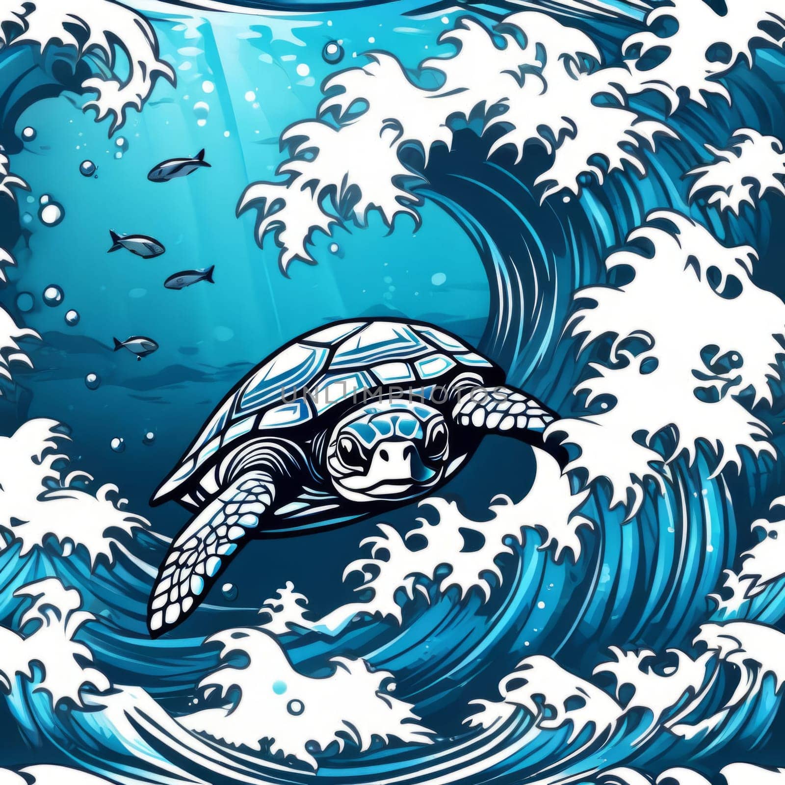 Majestic turtle is seen gliding effortlessly through water, its movements slow, graceful. For Tshirt design, posters, postcards, other merchandise with marine theme, childrens books