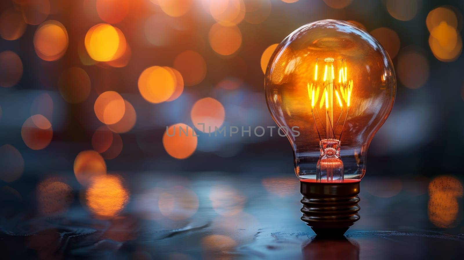 A light bulb sitting on a table with some blurry lights in the background