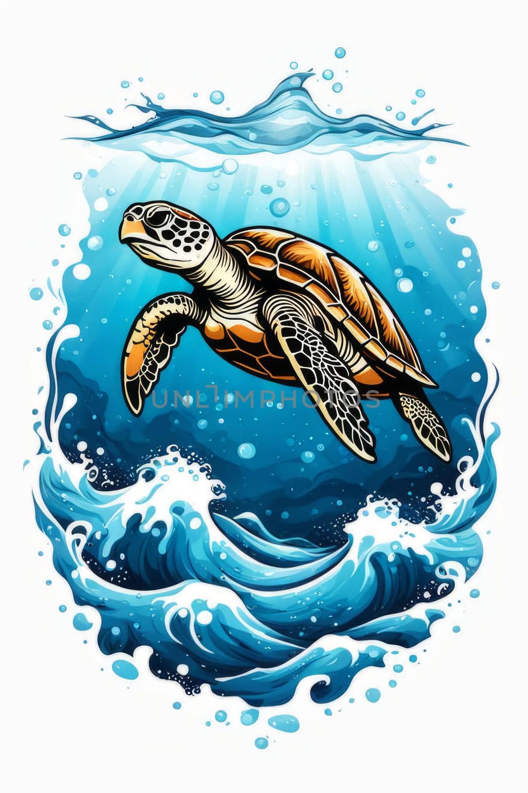 Turtle riding wave on white background. For Tshirt design, posters, postcards, other merchandise with marine theme, childrens books, educational materials for kids, tourism, stationery. by Angelsmoon
