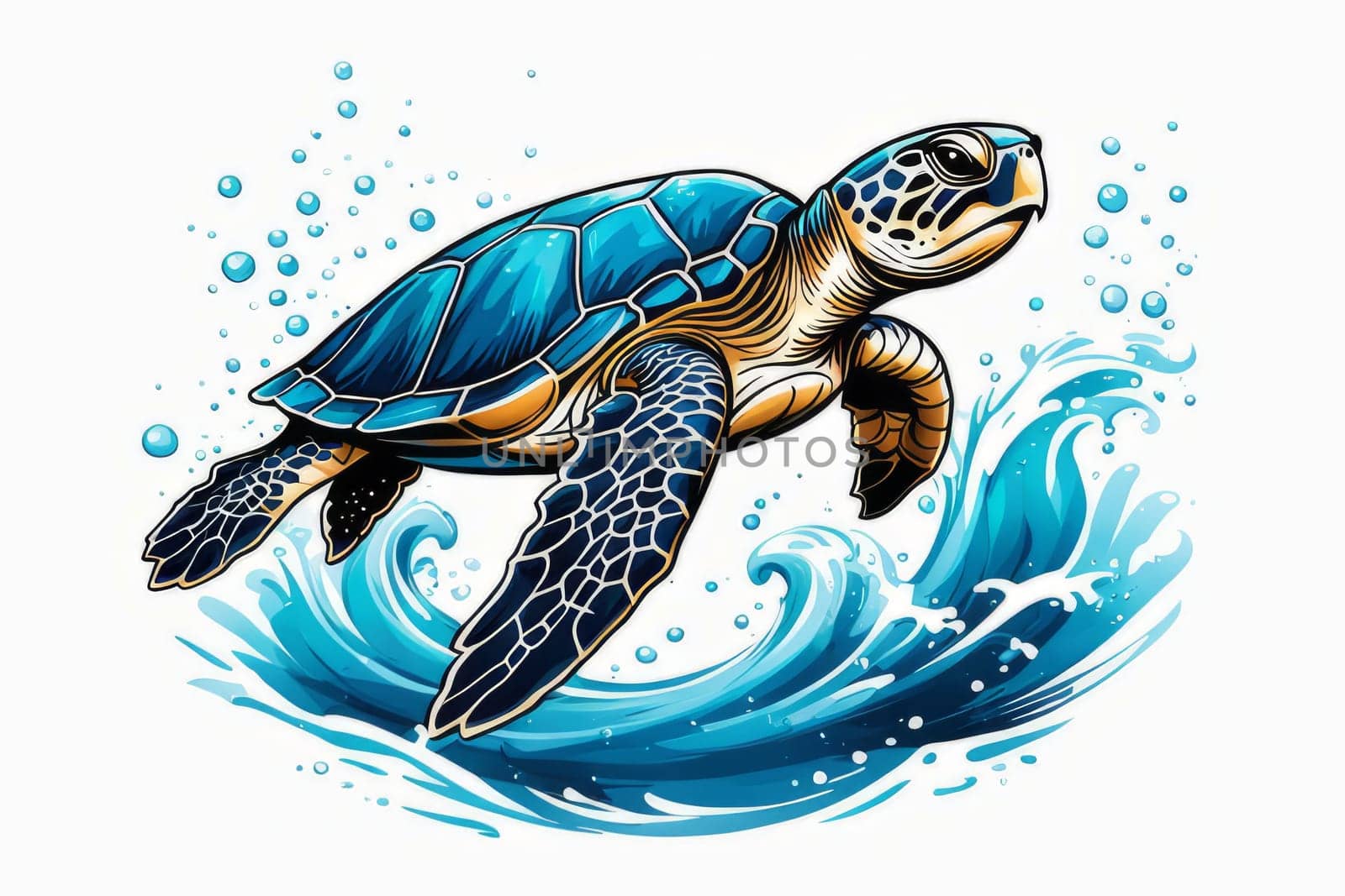 Turtle moves gracefully through water, its movements fluid, effortless. For fashion, clothing design, animal themed clothing advertising, as illustration for interesting clothing style, Tshirt design. by Angelsmoon