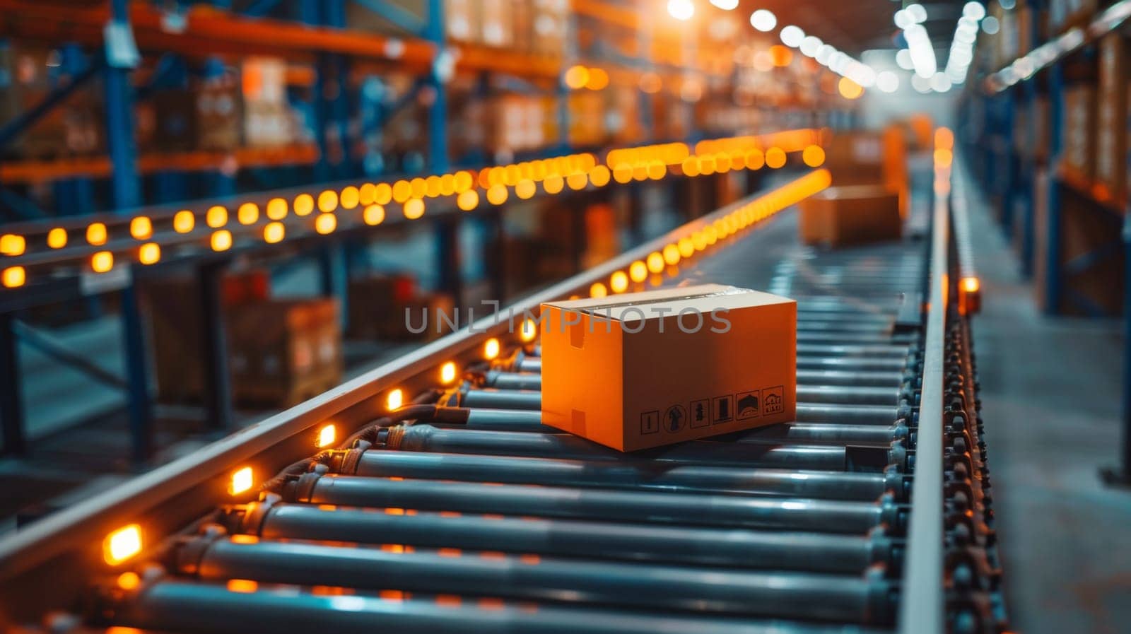 A conveyor belt with a box on it in an industrial setting