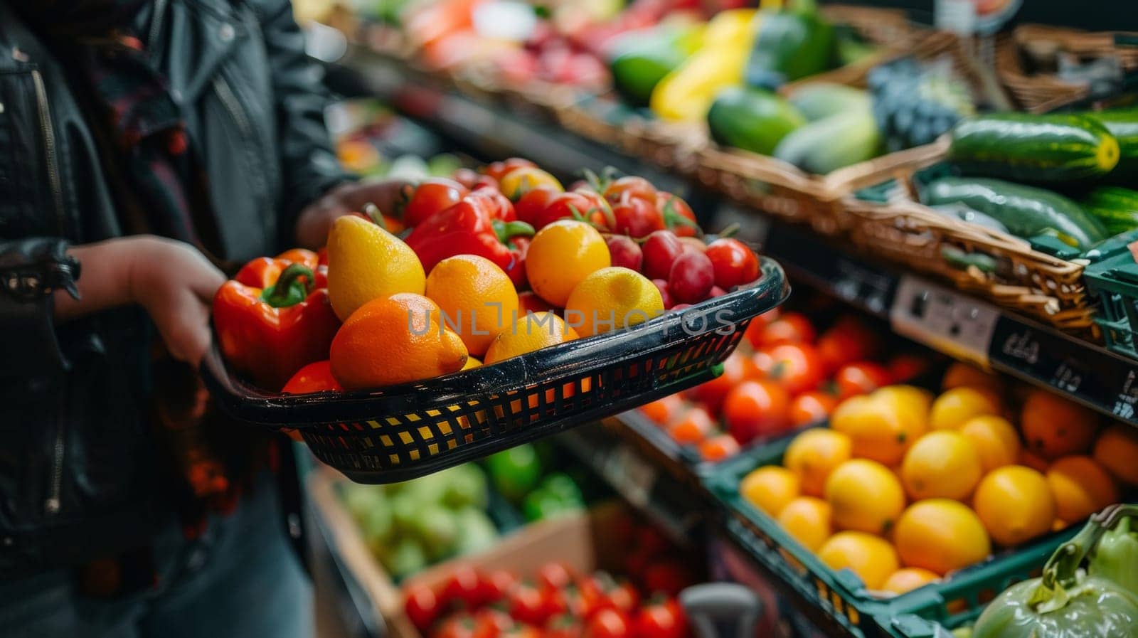 A person holding a basket of fresh fruits in the produce section