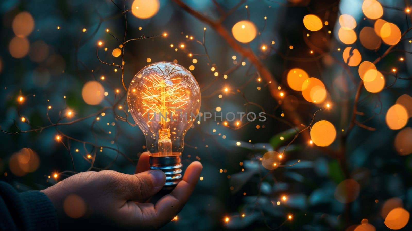 A person holding a light bulb with lights around it