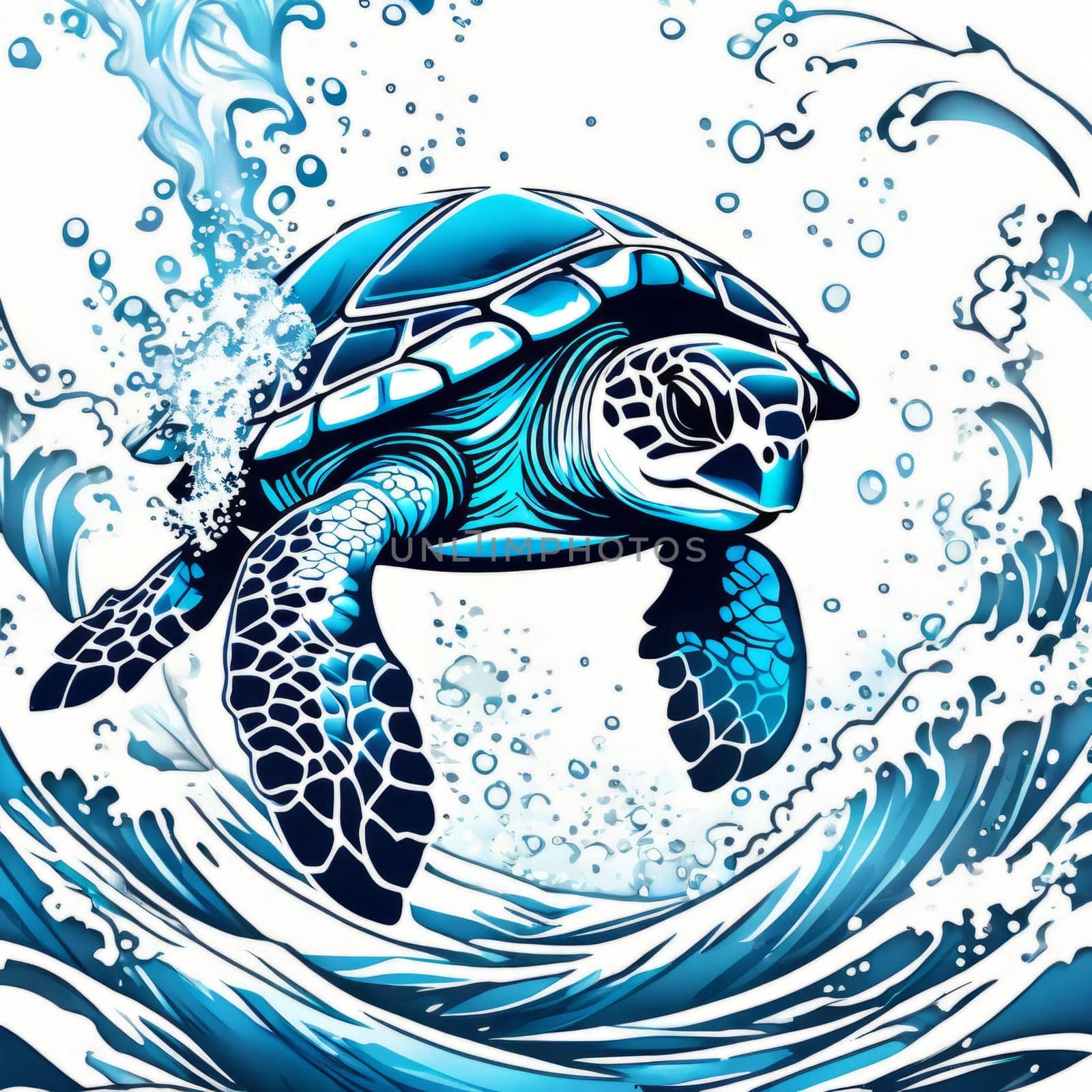 Vibrant sea turtle elegantly maneuvering its way through shimmering azure ocean depths, showcasing beauty, tranquility of marine life in its natural habitat. For fashion,clothing design, Tshirt design by Angelsmoon