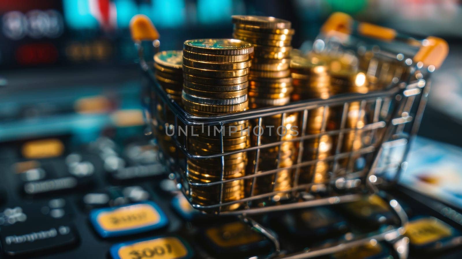 A small shopping cart filled with coins sitting on top of a keyboard