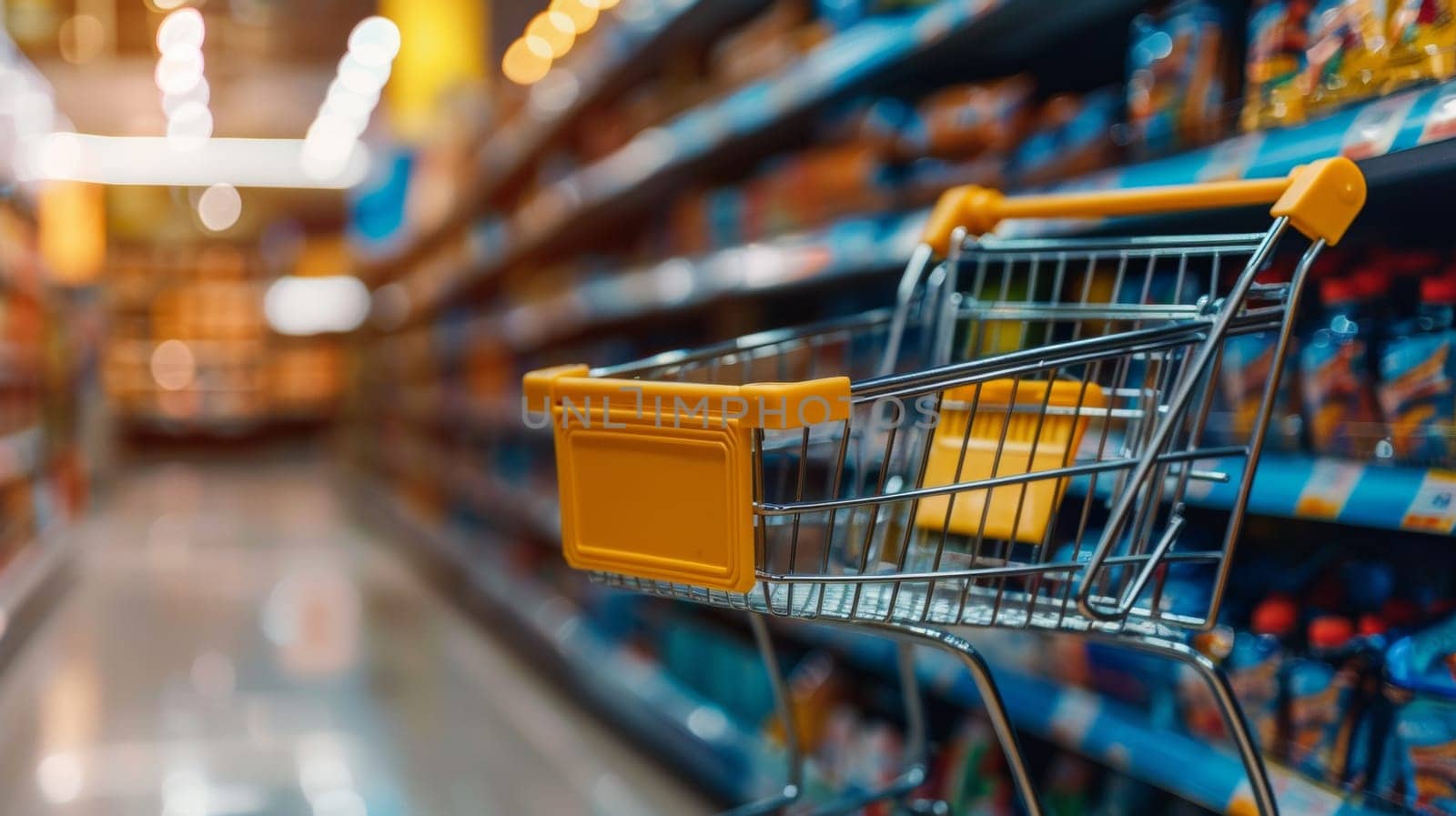 A shopping cart in a grocery store aisle with shelves of food and drinks