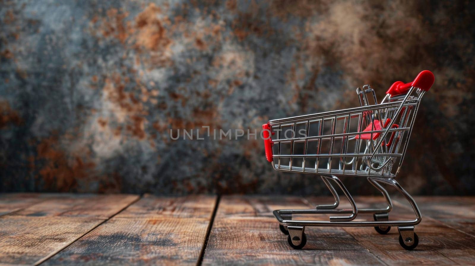 A small shopping cart sitting on a wooden floor with scissors in it