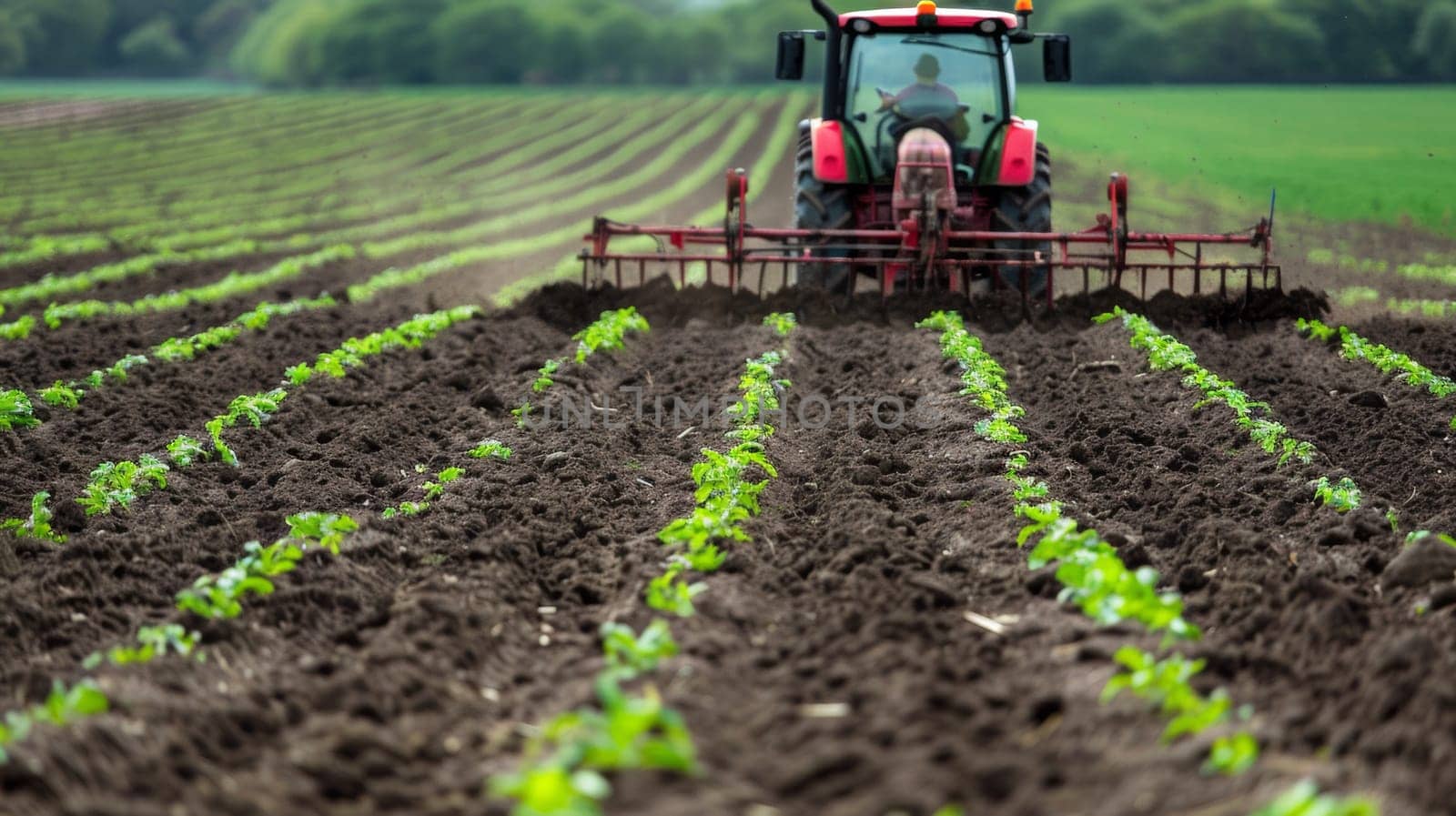 A tractor plowing a field with green plants in the background