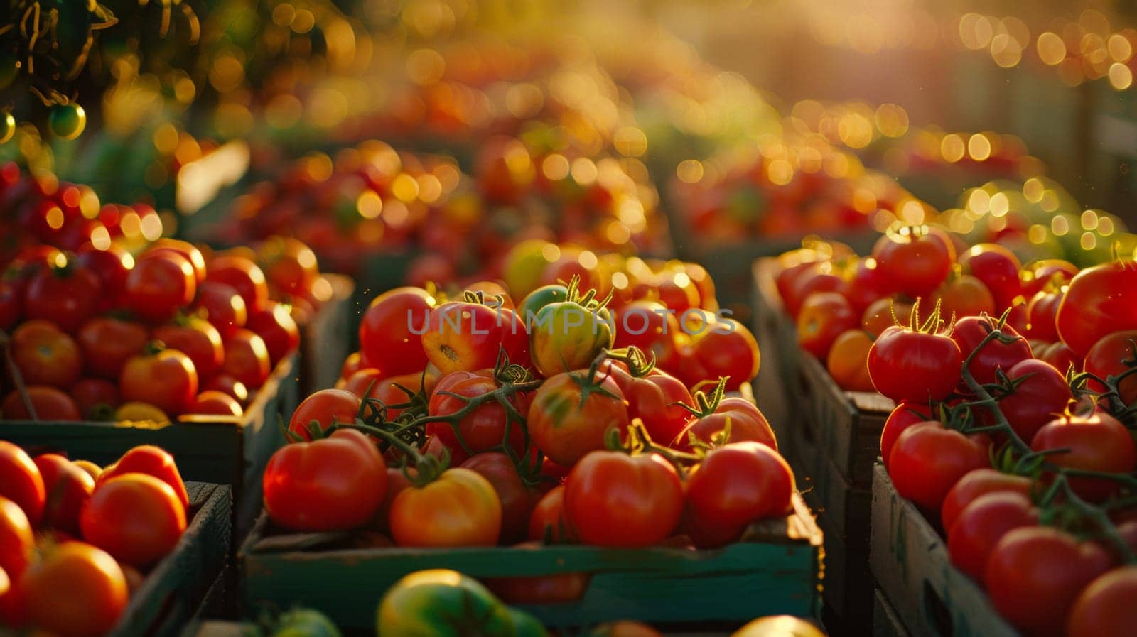 A bunch of tomatoes are in boxes on a table