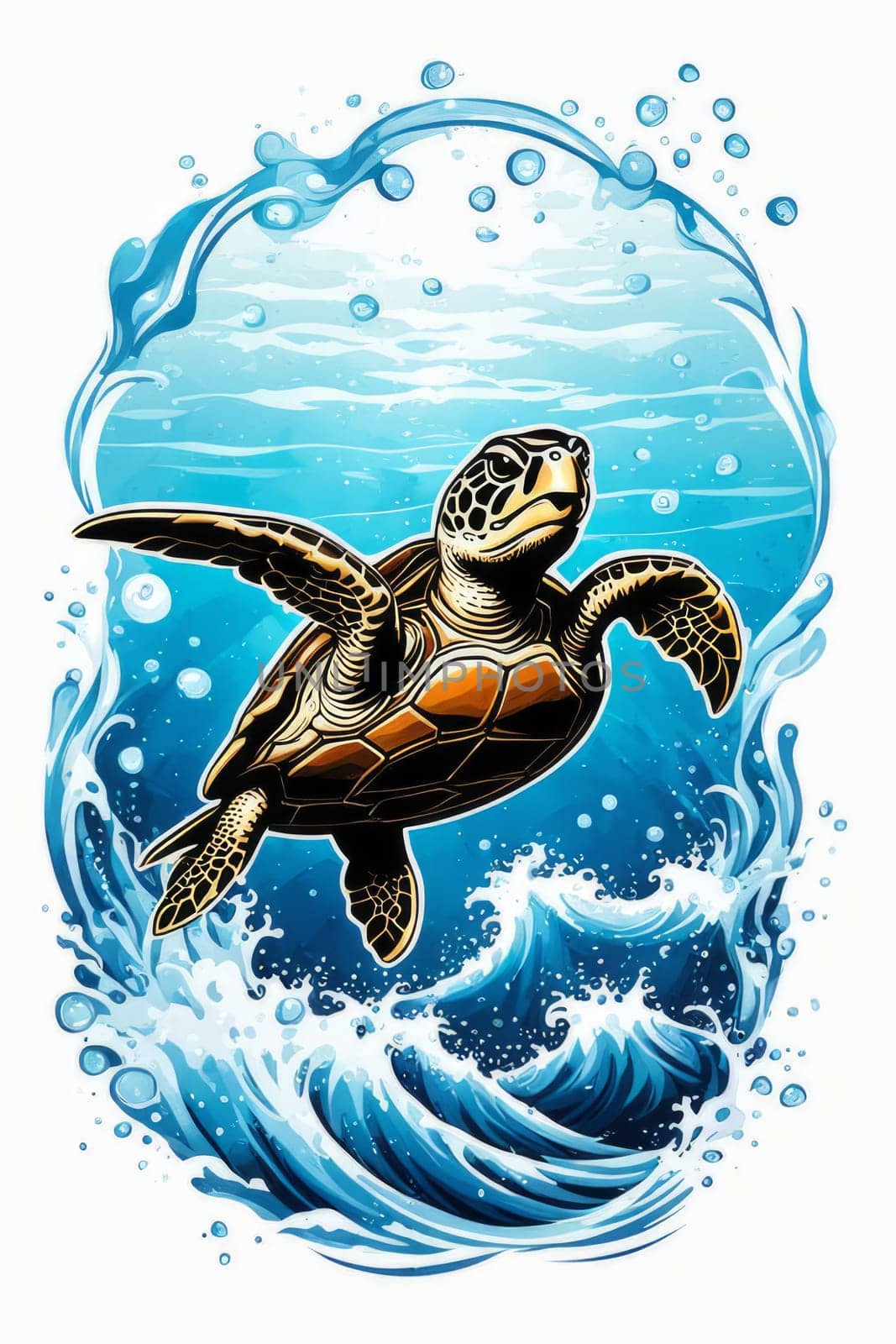 Serene turtle gracefully swimming through water amidst trail of bubbles. For fashion, clothing design, animal themed clothing advertising, as illustration for interesting clothing style,Tshirt design. by Angelsmoon