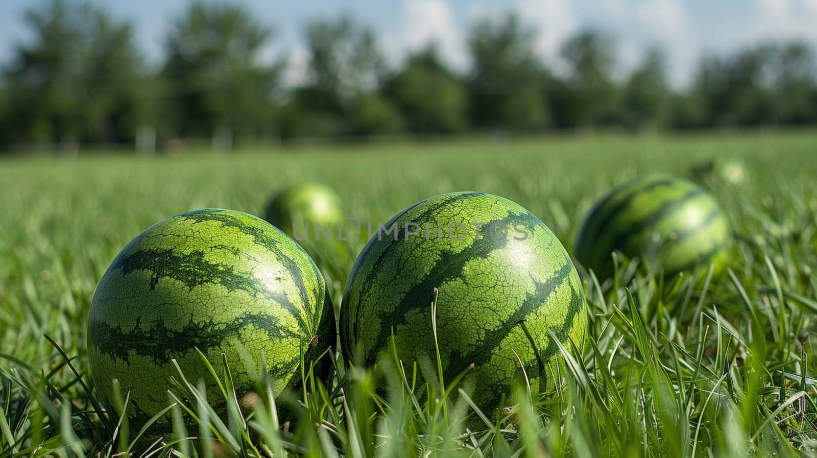 A group of watermelons are laying in the grass