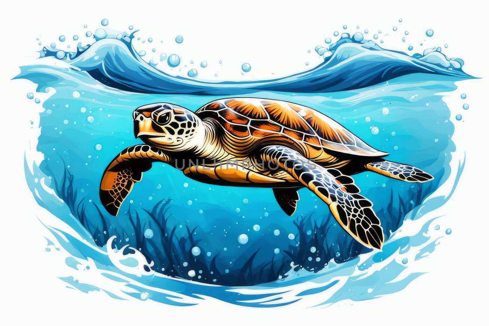 Majestic turtle is seen gliding effortlessly through water, its movements slow, graceful. For Tshirt design, posters, postcards, other merchandise with marine theme, childrens books