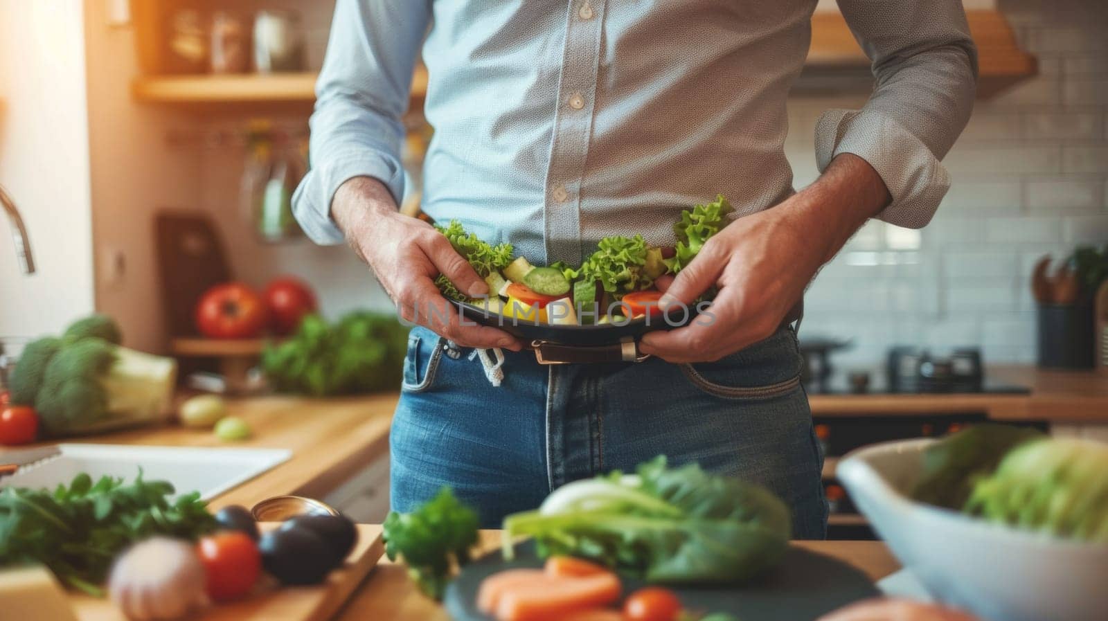 A man holding a plate of vegetables in his hands