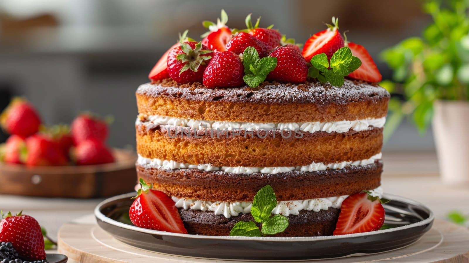 A cake with strawberries and mint on a plate next to some berries