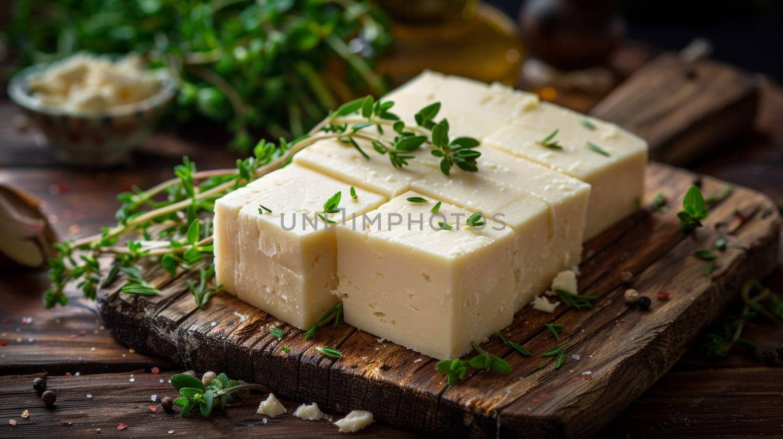 A wooden cutting board with a block of cheese and herbs