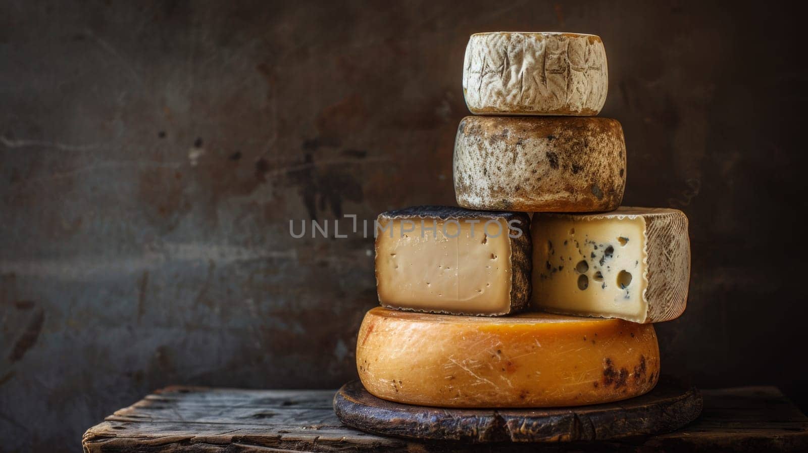 A stack of cheese on a wooden table with some other items