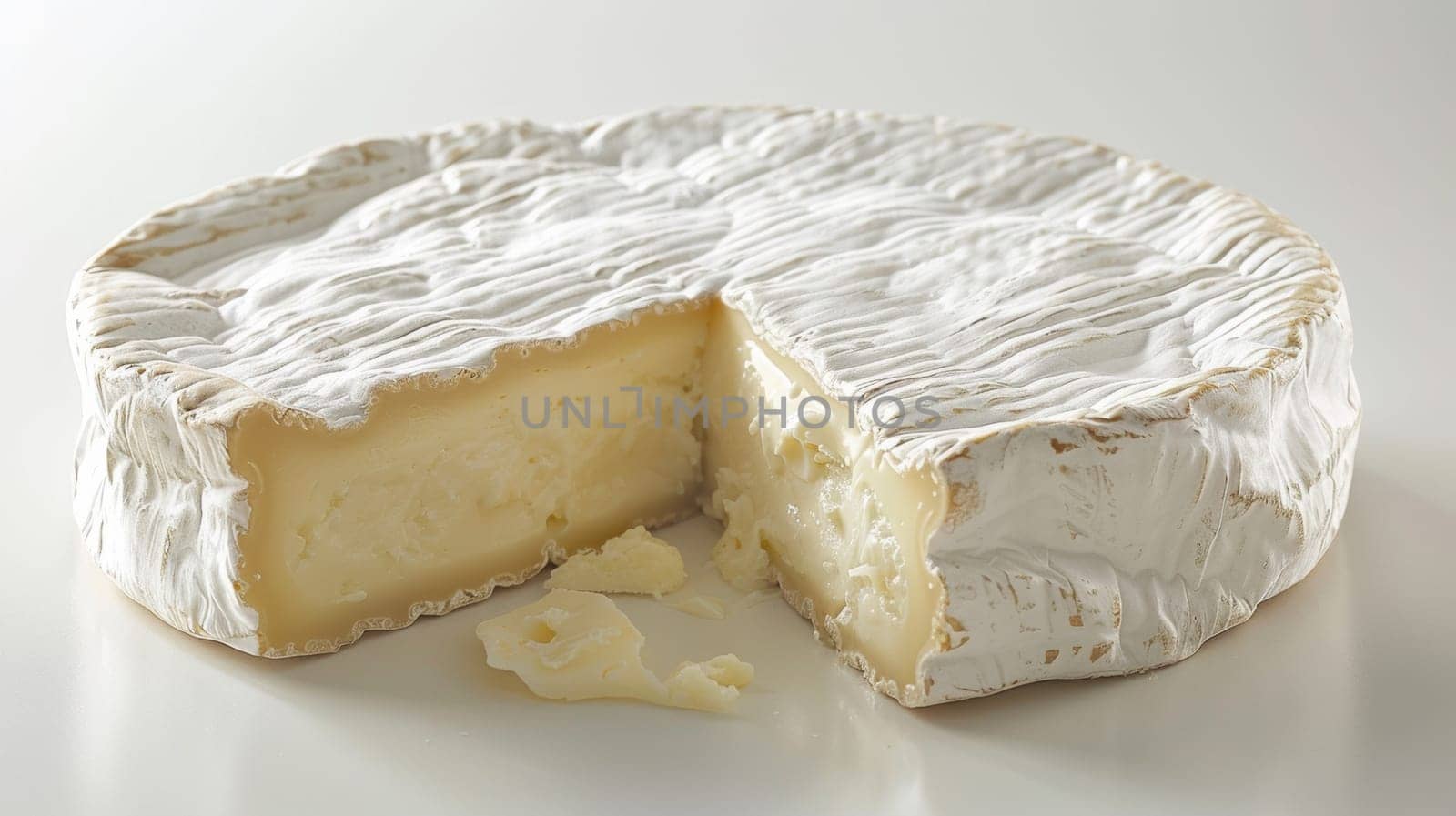A cheese is cut into pieces and sitting on a white table