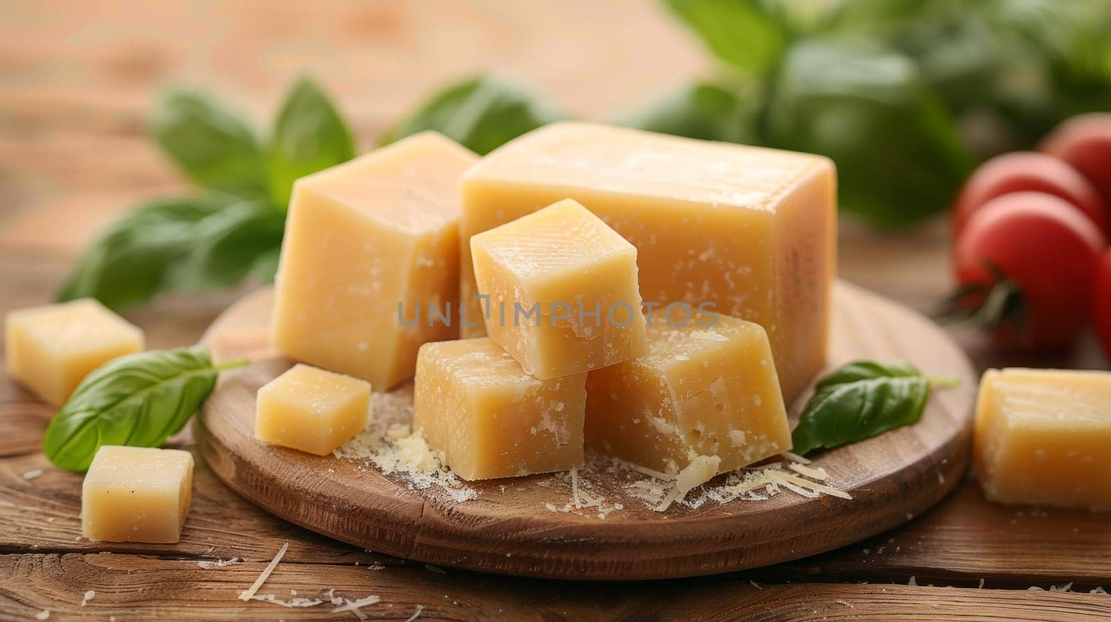 A wooden cutting board with cheese and tomatoes on it